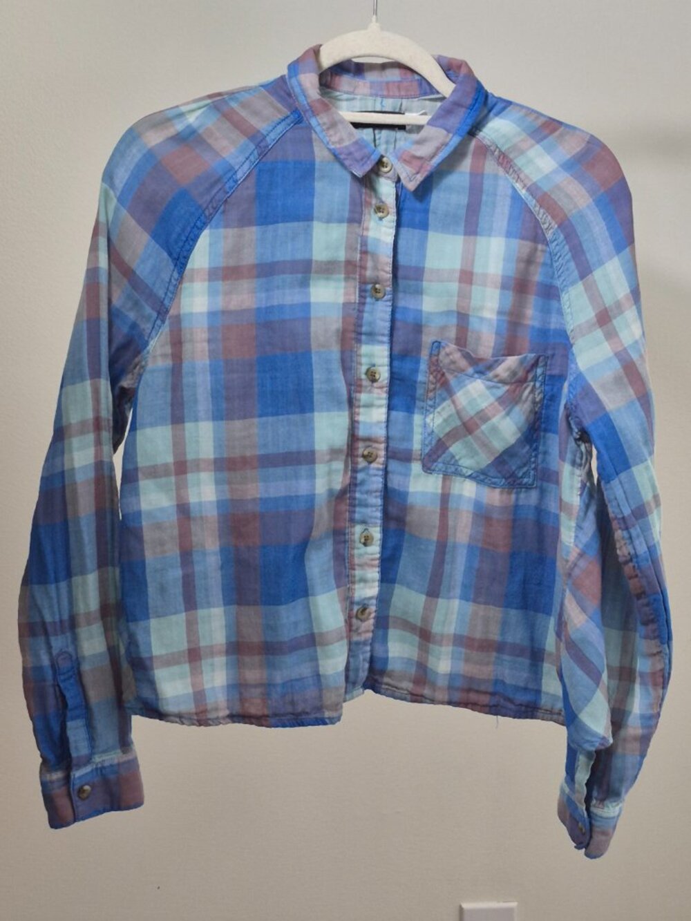 BDG Plaid Shirt M Women’s Blue Cotton Raglan Button Down Cropped Grunge